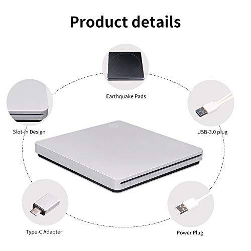 External CD DVD Drive, USB 3.0 Type-C Ultra-Slim Slot-in Portable CD DVD +/-RW Optical Drive with High Speed Compatible with PC Laptop Desktop MacBook Mac Windows 7/8.1/10 Linux OS Apple