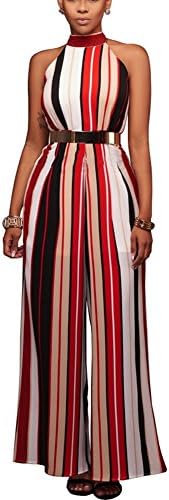 Women's Sleeveless Stripe Turtleneck High Waist Flared Wide Leg Pants Jumpsuit Romper Red M