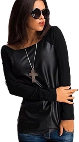 DLM Women Casual Boat Neck Long Sleeve PU Leather And Cotton Stitching T shirt