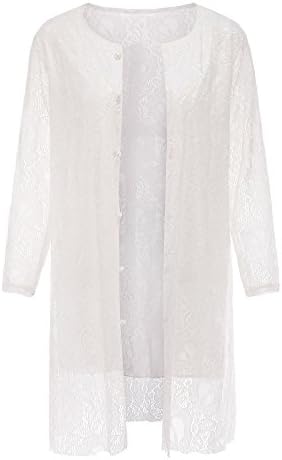 RoRoDox Women's Lace Crochet Long Sleeve Round Neck Open Front Cardigan Coat With Lining (L, White with Button)