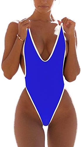 JBENG Women Monokini Retro Thong One Piece Swimsuit Deep V High Cut Sexy Cheeky Swimwear Semi Thong Bikini
