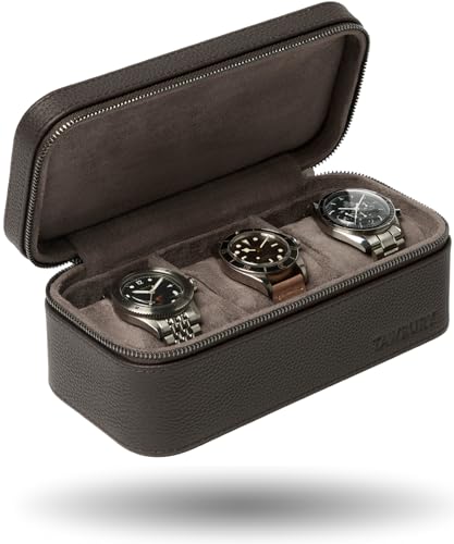 TAWBURY Watch Case - 3 Slot Genuine Top-Grain Leather Watch Travel Case for Men & Women with Metal Zipper and Extra Wide Pillows for Large Watches (Brown)