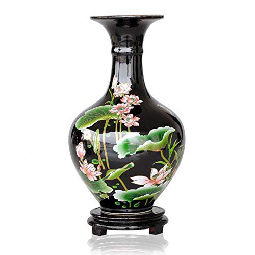 ufengke Chinese Pastel Lotus Paintings Vase,Jing Dezhen Black Small Ceramic Vase,Ideal Decoration for Household,Office,Party
