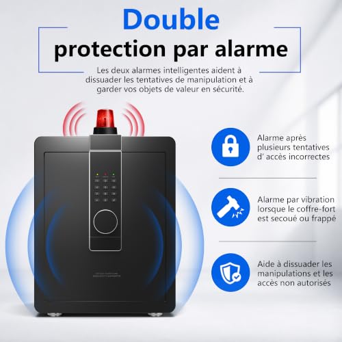 22KG Lourd Coffre Fort en Acier, 52L Coffre-fort Électronique avec Digitale Code et Clé, pour Maison et Bureau, Idéal pour Bijoux, Argent et Documents A4, Notice en Français (Noir,52L)