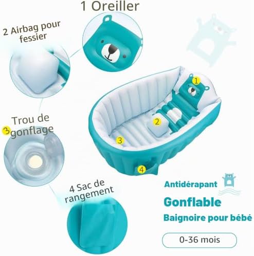 Baignoire Bébé 0-3 Ans, Gonflable Pliable Antidérapante Douce pour Douche, Portative - Bleu