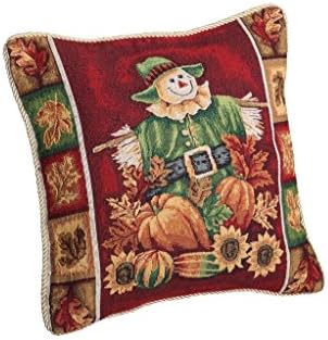 Violet Linen Fall Harvest Collection-Tapestry Scarecrow Pumpkins Autumn Leaves and Sunflowers Design 18" x 18" Cushion Cover