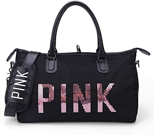 SPOROWJD Black Sequins Love PINK Women Gym Bags Tote Beach Handbag Travel Shoulder Bags