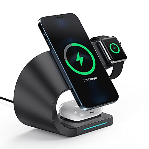 3 in 1 Magnetic Wireless Charger Station 15W for iPhone 13/12, 13/12 Pro, 13/12 Pro Max, 13/12 Mini,Qi Fast Charging Induction Chargers for Apple iWatch 7/SE/6/5/4/3/2 Airpods 2/Pro