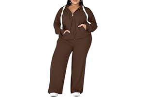 UOUA Plus Size Womens 2 Piece Sweatsuits Outfits Zip Up Jackets & Wide Leg Sweatpants Casual Loungewear Tracksuit Sets
