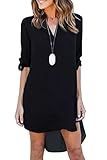 Mulisky Women V Neck Roll Up Sleeve Long Blouse High Low Casual Mini Shirt Dress