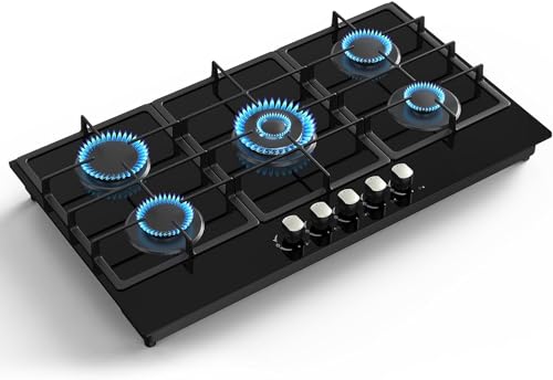 Nafewin 36 Inch Gas Cooktop Propane Stove, 5 Burner Built-in Gas Stove Top with Tempered Glass Panel, NG/LPG Dual Fuel Auto Ignition Propane Cooktop with Thermocouple Protection
