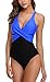 ALove Women's One Piece Bathing Suit Color Block V Neck Wrap Tummy Control 1 Piece Swimsuit Large Royal-Black