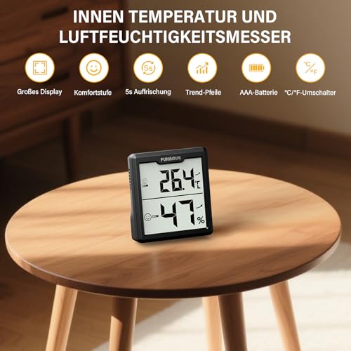 FUMMDUS Pack of 3 Digital Thermometer Hygrometer Indoor with Batteries AAA Temperature and Humidity Meter Indoor with Comfort Symbol Room Climate Meter for Greenhouse Wine Cellar (Black)