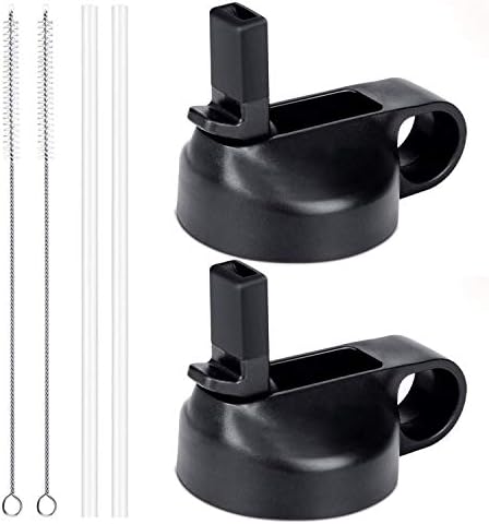 Straw Lid for Wide Mouth Water Bottle with Straws and Brush 2 Pack (Black)