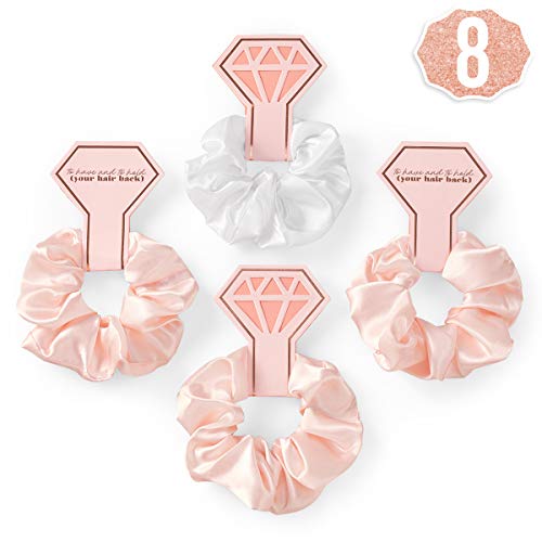 xo, fetti bachelorette party hair tie - 8 scrunchies de satén | decoraciones de regalo de despedida de soltera de oro rosa, favor de la tribu de la novia, para tener y sostener