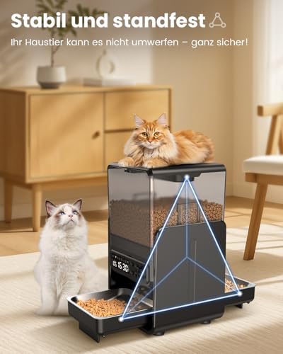 Futterautomat Katze für 2 Katzen, 5L/20 Tassen Katzenfutter Automat mit verstellbaren Schalen, Abnehmbares Bedienfeld, zeitgesteuert, Katzen- und Hunde Futterautomat für Trockenfutter