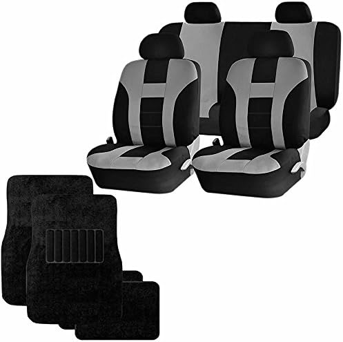 Universal Full Set of Car Seat Covers and Black Floor Mats - Double Stitched Racing Style (Black &amp; Gray)
