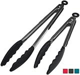 StarPack Basics Silicone Kitchen Tongs (9-Inch & 12-Inch - Stainless Steel with Non-Stick Silicone Tips, High Heat Resistant to 480°F, For Cooking, Serving, Grill, BBQ & Salad (Gray Black)