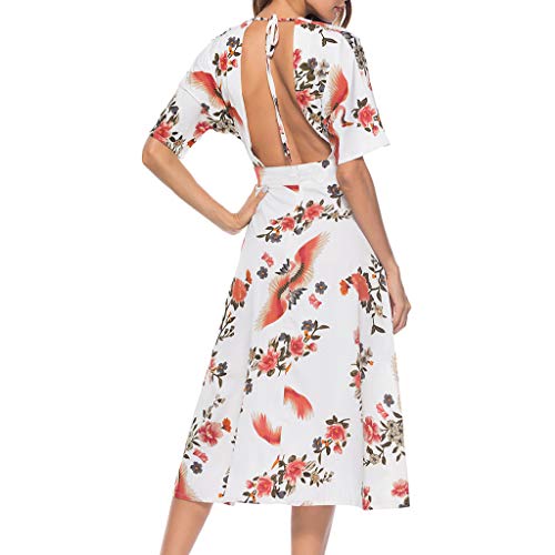 Witspace Women's Vintage Print Short Sleeve Ladies V-Neck Casual Mid-Calf Dress