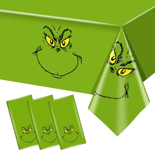 Tewess 3 Packs Merry Grinchmas Tablecloths 54 x 108 Inch Whoville Christmas Xmas Winter Holiday Season Plastic Table Cover for Funny Cartoon Character Party Decoration