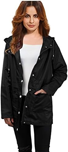 Womens Lightweight Raincoat Hooded Waterproof Outdoor Trench Rain Jacket Black M