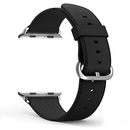 FanTEK Band for Apple Watch 42mm Series 1 Series 2, Premium Leather Replacement Strap with Classic Buckle for Wrist iWatch All Models (Black)