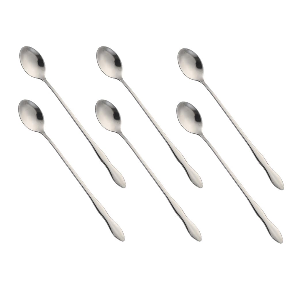 HornTide 6-Piece Mixing Spoon Set 8-Inch 20cm Long Handle Spoons for Ice Cream Cold Drink Fruit Juice Cocktail Stirring and More - Stainless Steel Mirror Polishing