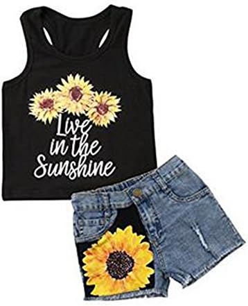 Bnatinyy Toddler Kids Baby Girl Sleeveless T-Shirt Top+Floral Denim Shorts 2Pcs Outfits (Black, 2-3 Year)
