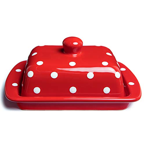Handmade Ceramic European Covered Butter Dish With Lid | Unique Red and White Polka Dot Pottery Butter Keeper | Housewarming Gift by City to Cottage