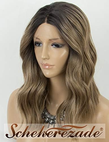 Scheherezade Ash Wavy Bob Brown Ombre Wig Half Hand Tied Natural Wavy Short Bob Lace Front Wig Brown Glueless Black Ombre Brown Water Wave Synthetic Wigs Shoulder Length Heat Resistant