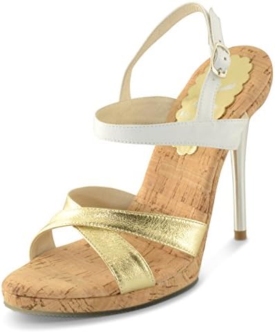 Genuine Gold and White Leather Criss Cross Sandal with 5" Inch Aluminum Stiletto Heel w/ankle strap