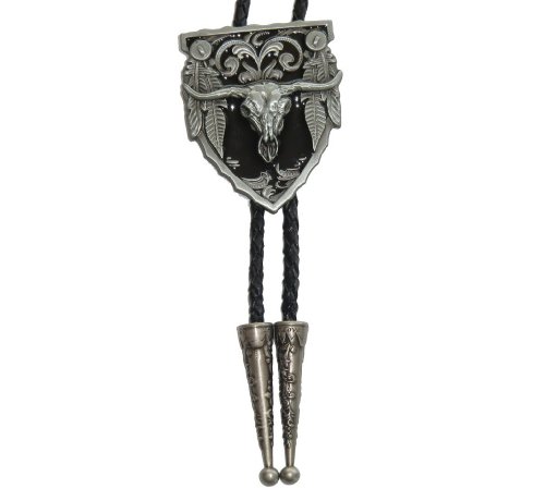 Western Native American Indian Longhorn Skull Bolo Tie Black
