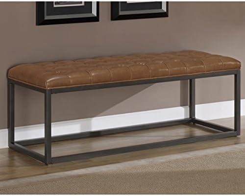 Contemporary Healy Medium Saddle Brown Bonded Leather and Metal Bench