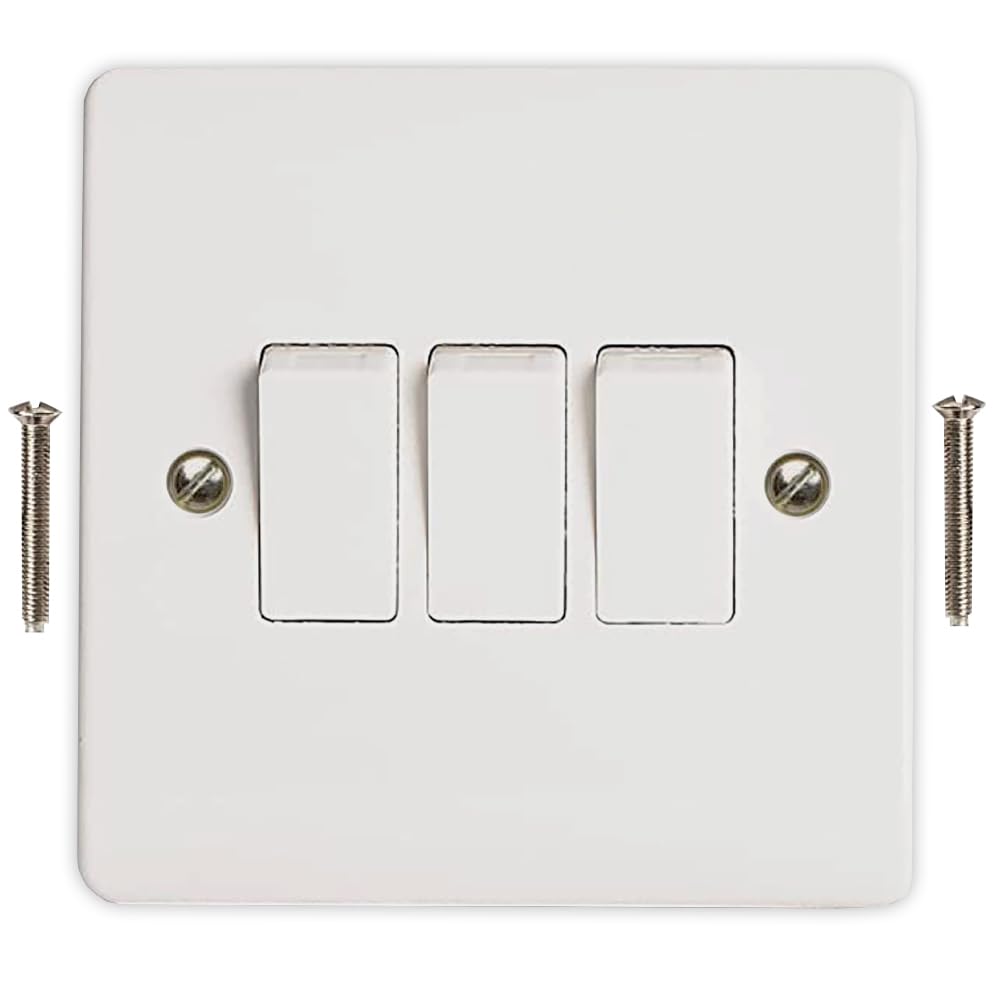 Body-Plus 3 Gang 2 Way Light Switch - White Electric Curved Edge Light Switches with Screws - 250 V A.C, 10AX Electrical Wall Light Switch for Home, Office, Industries, etc (1) — image 1