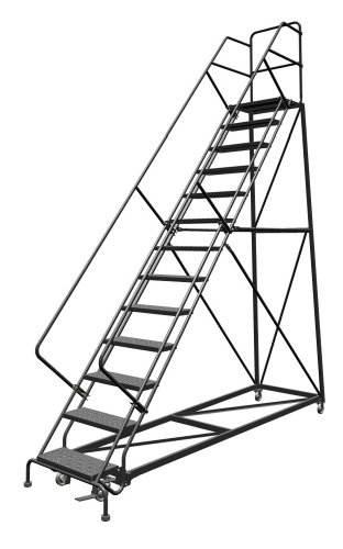 Tri-Arc KDEC113246 13-Step Forward Descent Safety Angle Steel Rolling Industrial and Warehouse Ladder with Perforated Tread, 24-Inch Wide Steps