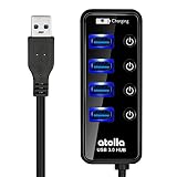 Atolla Hub USB 3.0 4 puertos y 1 puerto de Carga rápida adicional con interruptor LED y el cable USB de 62cm portátil para el ordenador portátil PC Mac