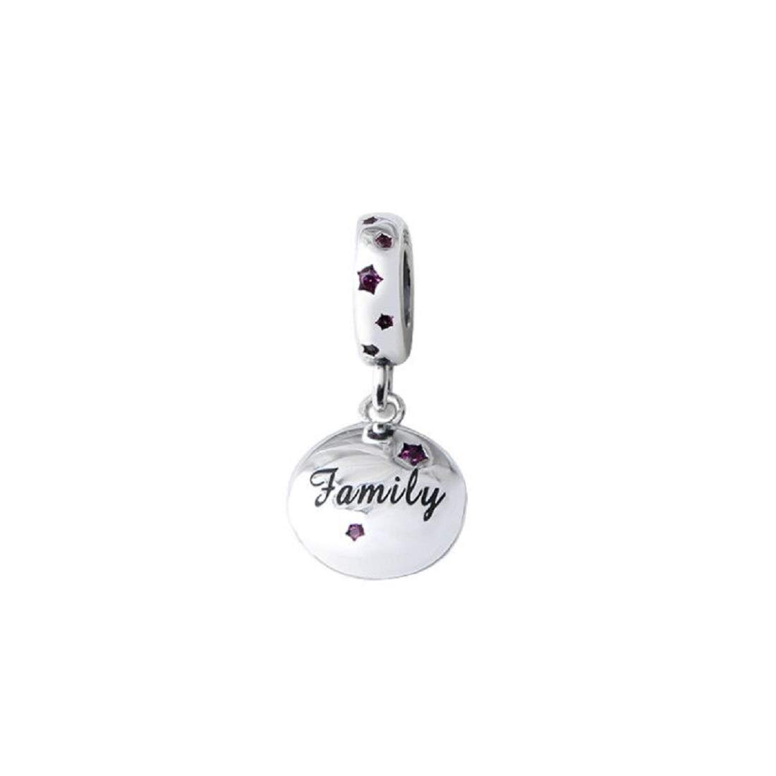 FeatherWish Family And Friends Memento 925 Sterling Silver Engraved Pendant Dangle Disc Charms With Cubic Zirconia Compatible With Pandora Bracelet European 3mm Charm Bracelets And Necklace (Family)