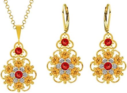 European Style Lucia Costin Pendant and Earrings Set Made of 24K Yellow Gold over .925 Sterling Silver with Red and Yellow Swarovski Crystals, Designed with Twisted Lines