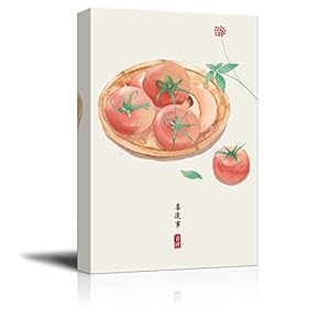 Canvas Wall Art - Water-Painted Tomatoes in a Basket with Chinese Writing - Giclee Print Gallery Wrap Modern Home Art Ready to Hang - 12x18 inches