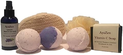 AyaZen Lavender Me Time Aromatherapy Gift Set Pamper &amp; Relax With Lavender Bath Bombs, Linen &amp; Room Spray, Artisan Soap, &amp; Mesh Sponge. Made In USA