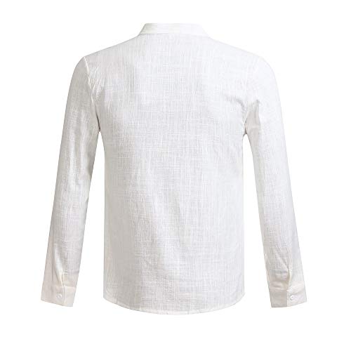Simayixx Men Shirts Male Casual Linen Long Sleeve T-Shirt Fashion V-Neck Button Up Tops Business Fit Clothes Beige - Thumbnail 3