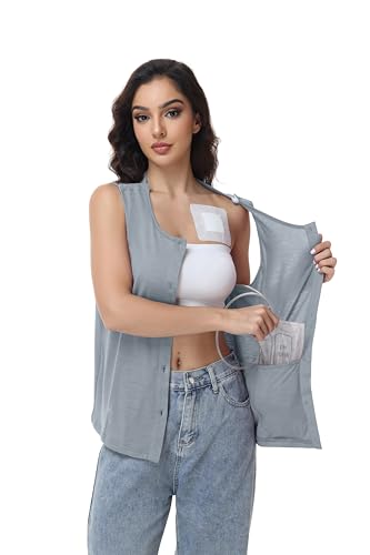 Women's Mastectomy Recovery Tank Top with Drain Pockets, Shoulder Snap Closure Sleeveless Shirt for Post Breast Surgery, Shoulder Surgery, Hospital & Chemo Recovery Grey at Amazon