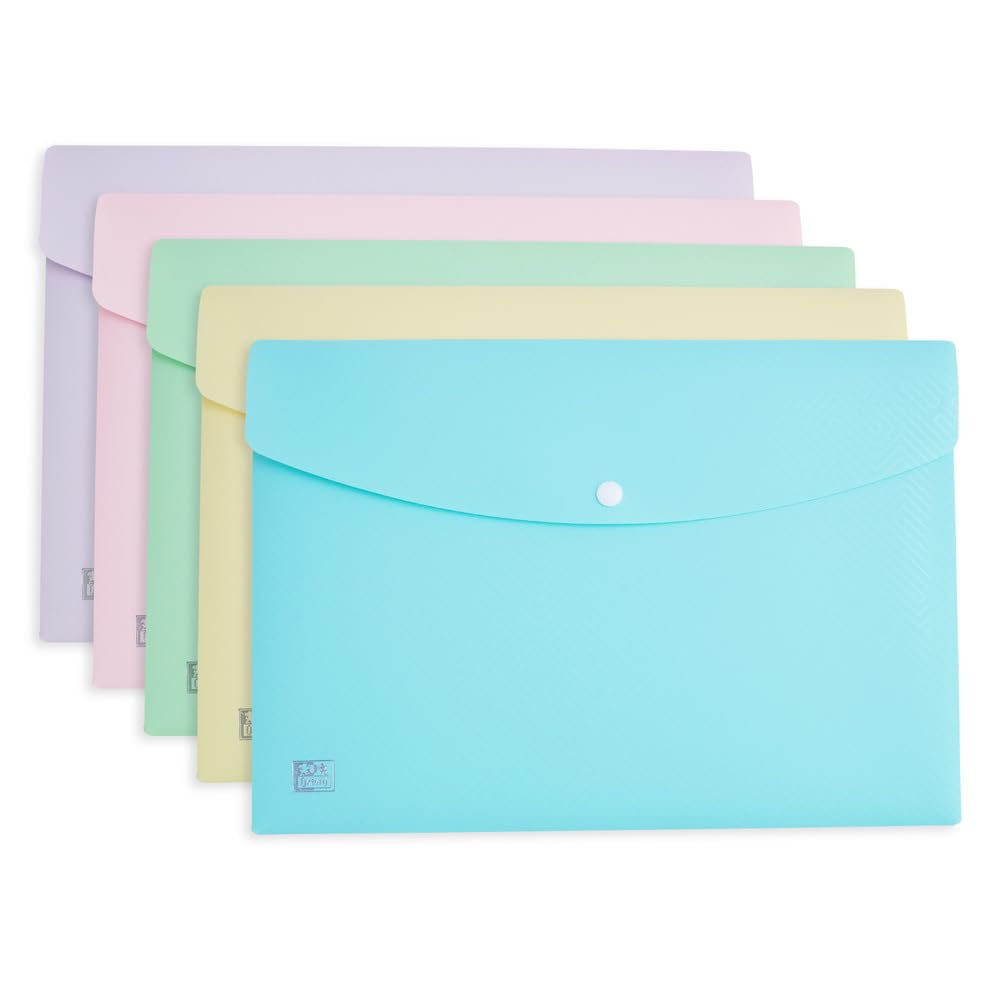 Oxford A4 Plastic Document Popper Wallets, Assorted Pastel, Pack of 5