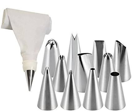 Pindia 13 Piece Steel Nozzles Cake Decorating Set With Frosting Icing Piping Bag Tips