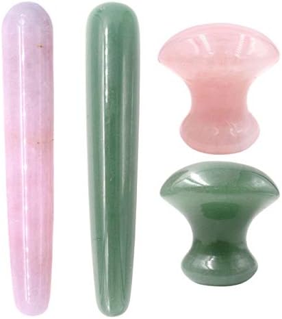 Kzbaki Handmade Rose Quartz/Green Aventurine Mushroom Gua Sha GuaSha Scraping Massage Tool,Crystal Massage Wand Acupuncture Therapy Stick Point Treatment (Rose Quartz&Green Aventurine)