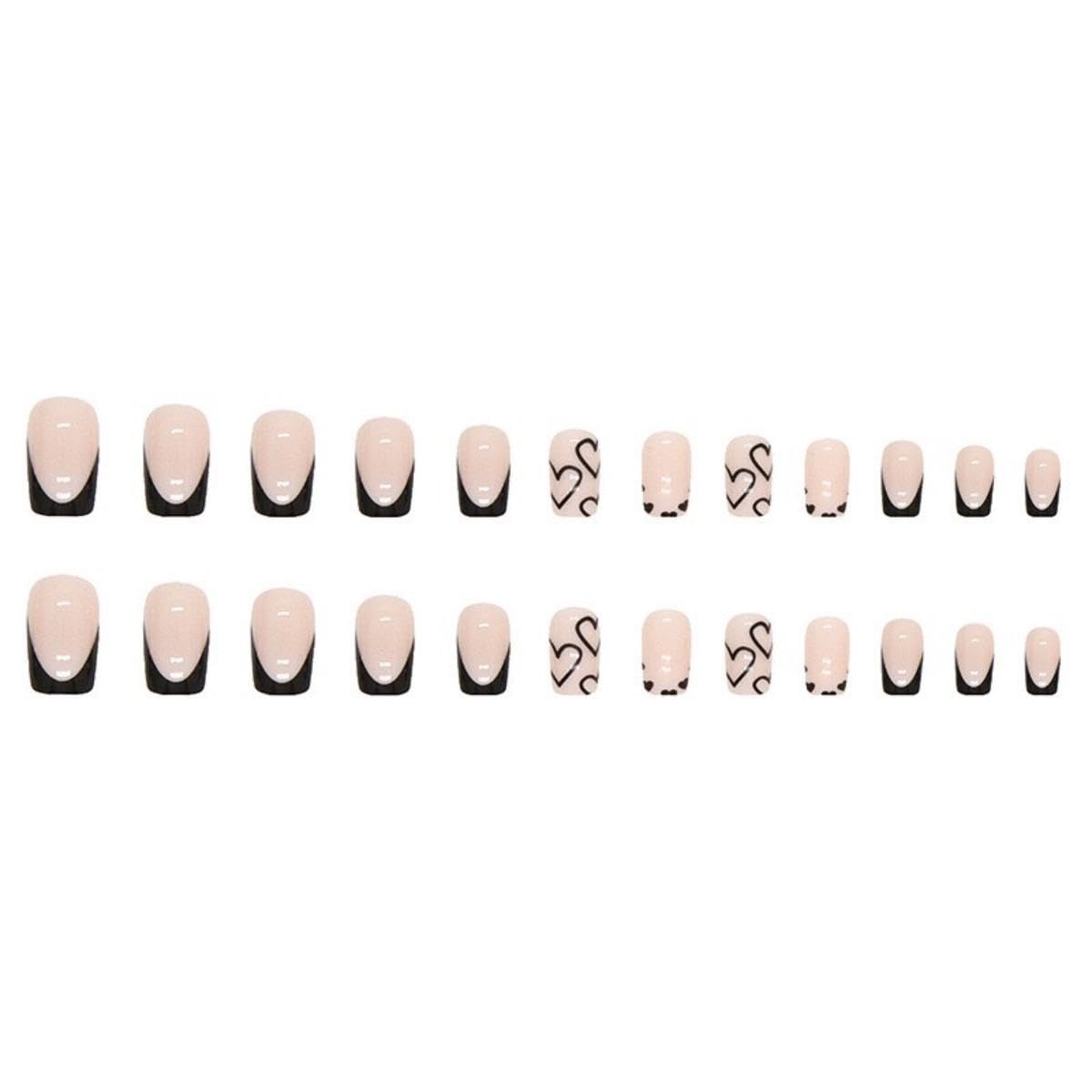 French Tip Press on Nails Short Square Fake Nails Black Acrylic Nails with White Heart Design Stick on Nails Artificial Full Cover Glossy Glue on Nails for Women Girls Valentine's Day Manicure 24pcs… - Image 8