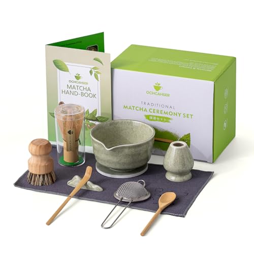 Japanese Matcha Set, Matcha Bowl with Spout and Coaster, Matcha Whisk and Holder, Sifter, Scoop, Spoon, Cleaning Brush,10 Pcs Complete Ceramic Matcha Kit