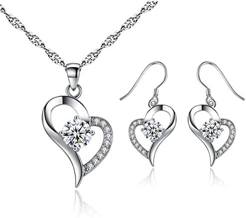 Heart Pendant Necklace Earrings for Women Girls Jewelry Set, Made with Round Cut white Cubic Zirconia