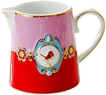 Royal Country Style Elegant Flower Birds Pink Handcrafted Golden Line Spout with Handle Ceramic Coffee Milk Creamer Serving Sauce Porcelain Pitcher Bowl Cup Jug Vase for Kitchen Home Decor Gift 10oz