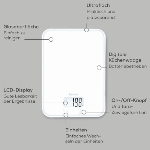 KS 19 Pure White digitale Küchenwaage, Tragkraft bis zu 5 kg (1-g-genaue Einteilung), Haushaltswaage mit Sensor-Touch, Lebensmittelwaage inkl. Batterien, ultraflaches Design, weiß
